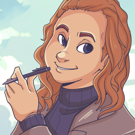 An artistic depiction of the author, S. Morgan Burbank, as created by Lauren of Beanie Cap Prints. The picture features a redhaired femme person in a black turtleneck and a suit coat. They are holding a pen in their left hand and staring toward the screen